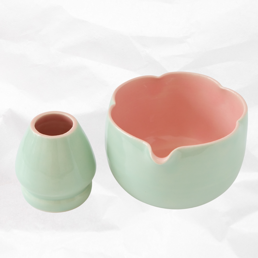 Aqua & Pastel Pink Flower Matcha Set