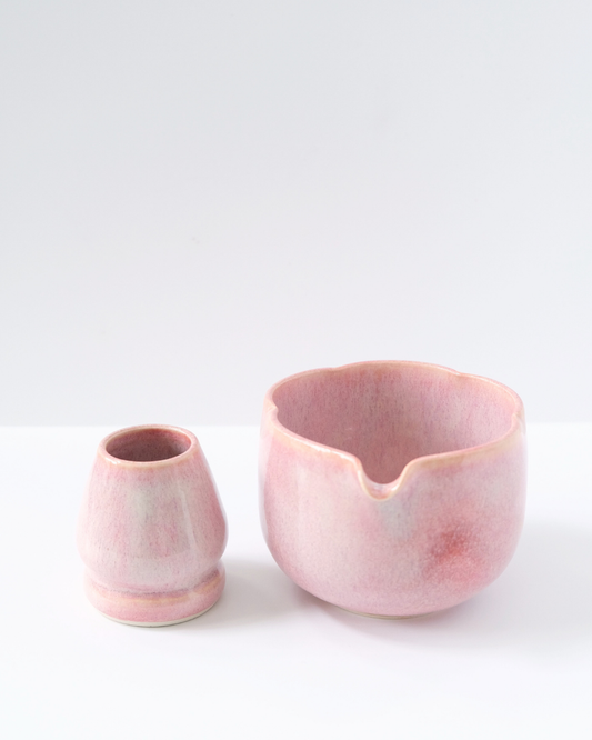 Floating Pink Flower Matcha Bowl & Whisk Holder Set