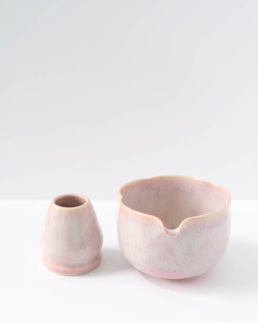 Floating Light Pink Flower Matcha Bowl & Whisk Holder Set