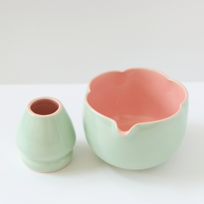 Aqua & Pastel Pink Flower Matcha Set